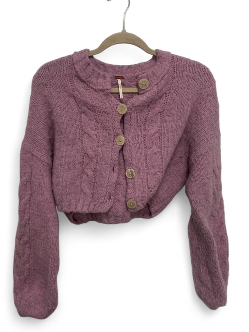 Free People Willow Lavender Cropped Cable-Knit Button Cardigan Sweater